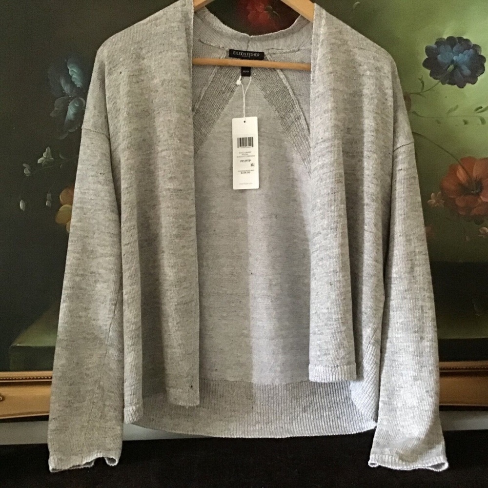 NWT Eileen Fisher ORGANIC LINEN MELANGE SLOUCHY CARDIGAN Moon Size PP CO
